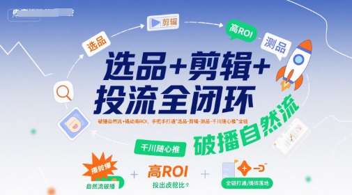 选品+剪辑+投流全闭环，破播自然流+撬动高ROI，手把手打通“选品-剪辑-测品-千川随心推”全链-来聚吧