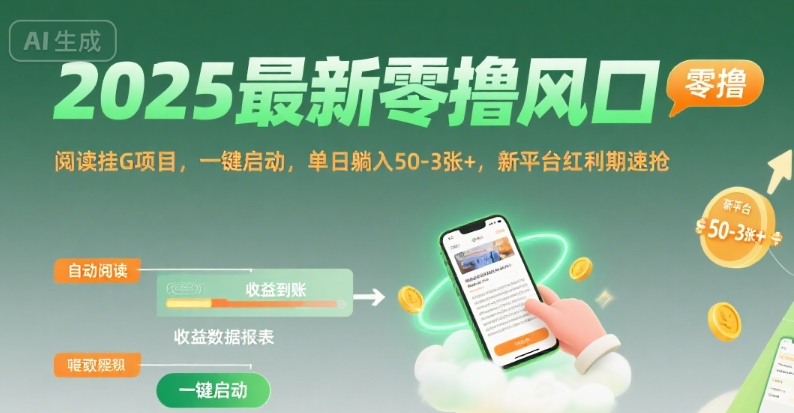 2025最新零撸风口，阅读挂G项目，一键启动，单日躺入 50-3张+，新平台红利期速抢【揭秘】-来聚吧