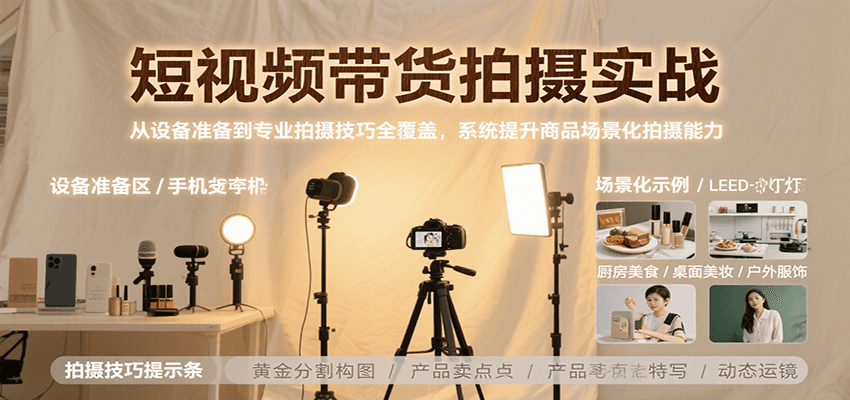 短视频带货拍摄实战,从设备准备到专业拍摄技巧全覆盖,系统提升商品场景化拍摄能力-来聚吧