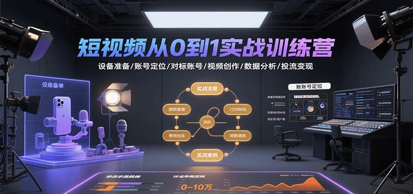 短视频从0到1实战训练营:设备准备/账号定位/对标账号/视频创作/数据分析/投流变现-来聚吧