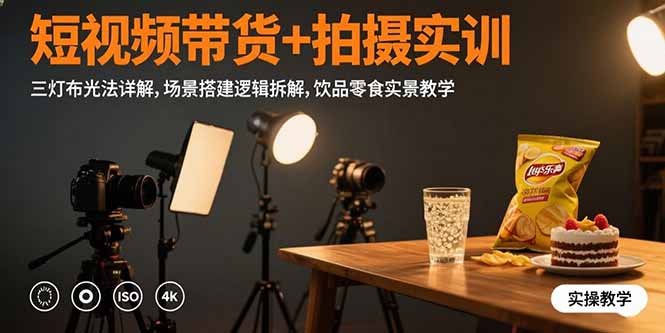 短视频带货+拍摄实训：三灯布光法详解,场景搭建逻辑拆解,饮品零食实景教学-来聚吧