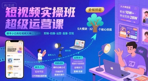 短视频实操班超级运营课，新手小白到短视频大神必修课程，剪辑-拍摄-运营-直播-变现-来聚吧