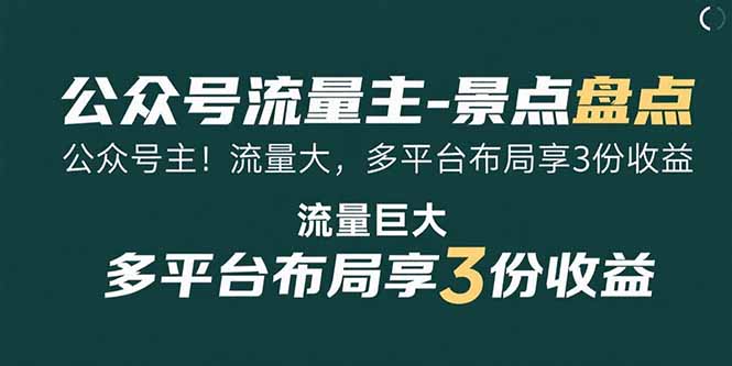 公众号流量主-景点盘点 流量巨大 多平台布局享3份收益-来聚吧