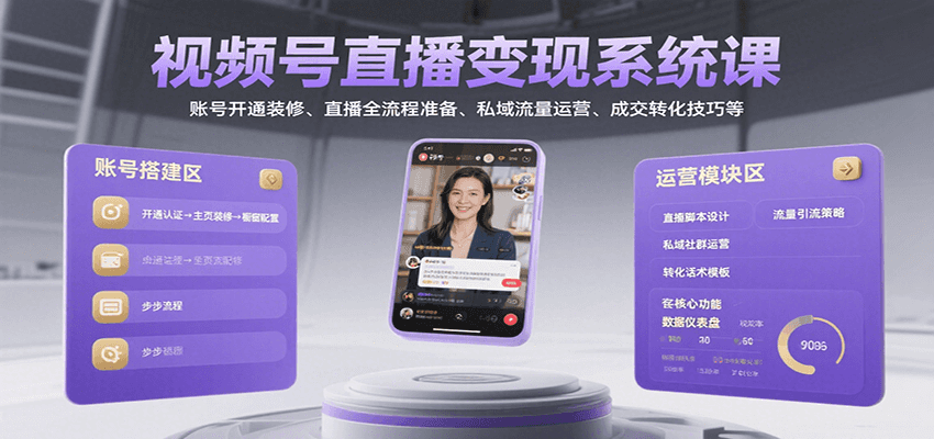 视频号直播变现系统课，账号开通装修、直播全流程准备、私域流量运营、成交转化技巧等-来聚吧
