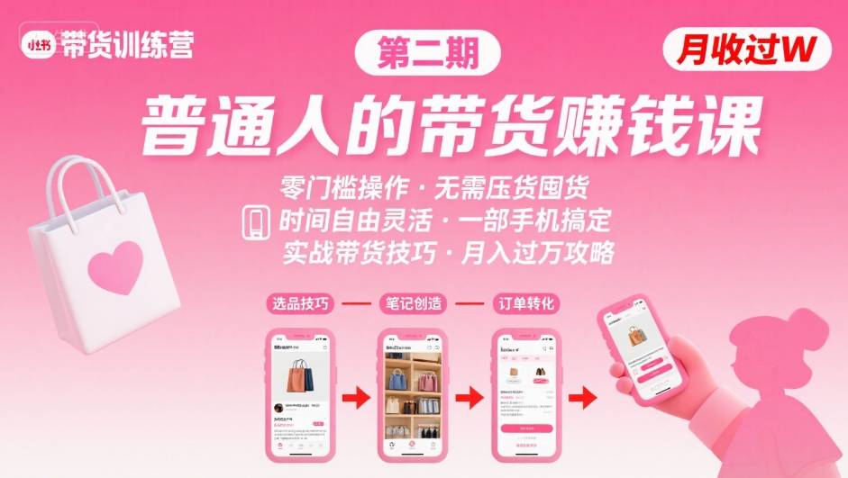 小红书带货第二期训练营,普通人月收过W的带货课,时间自由,零门槛无压货,一部手机即可操作-来聚吧