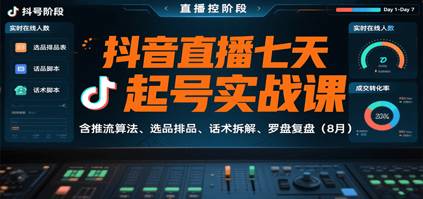 抖音直播七天起号实战课：含推流算法、选品排品、话术拆解、罗盘复盘(8月)-来聚吧
