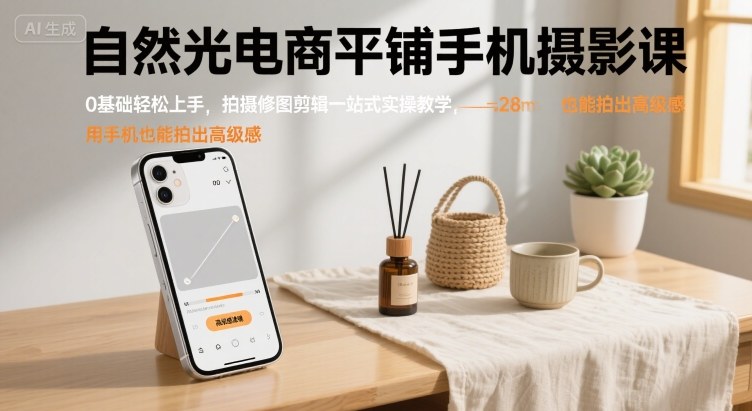 自然光电商平铺手机摄影课，0基础轻松上手，拍摄修图剪辑一站式实操教学，用手机也能拍出高级感-来聚吧