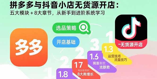 拼多多与抖音小店无货源开店：五大模块+8大章节，从新手到进阶系统学习-来聚吧