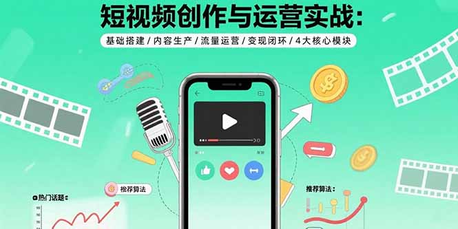 短视频创作与运营实战：基础搭建/内容生产/流量运营/变现闭环/4大核心模块-来聚吧