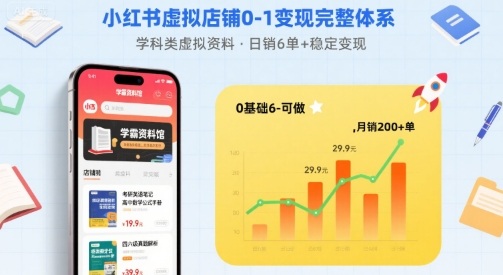 小红书虚拟店铺0-1变现完整体系：卖学科类虚拟资料，一天6张+，很稳定【已完结】-来聚吧