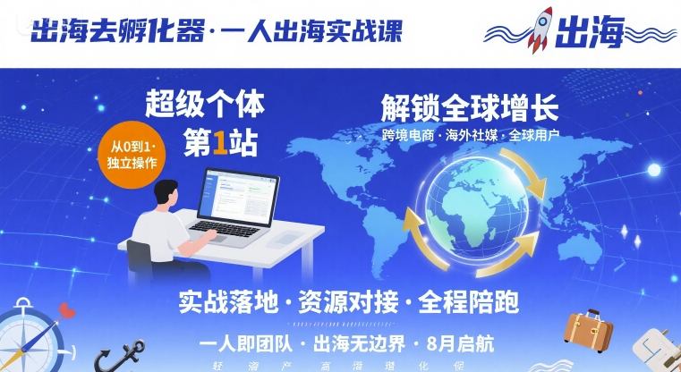 出海去孵化器，一人出海实战课，​超级个体第1站，解锁全球增长-来聚吧