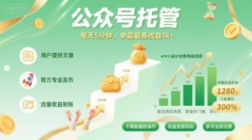 【公众号托管 】我提供文章,你发布,每天5分钟,单篇最高收益1k+【揭秘】-来聚吧