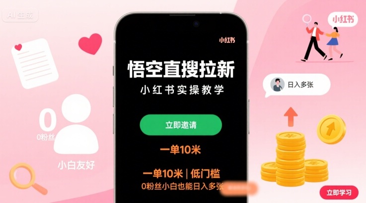 悟空直搜拉新小红书实操教学，一单10米，低门槛，0粉丝小白也能日入多张-来聚吧