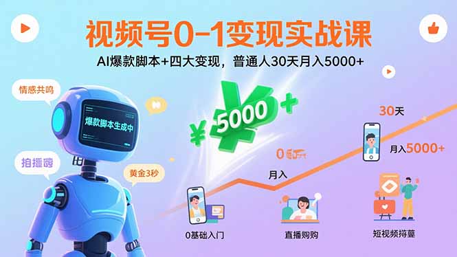 视频号0-1变现实战课：AI爆款脚本+四大变现，普通人30天月入5000+-来聚吧