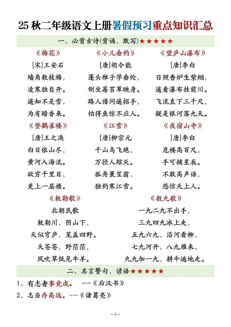 25秋二上语文暑假预习重点知识汇总20页-来聚吧