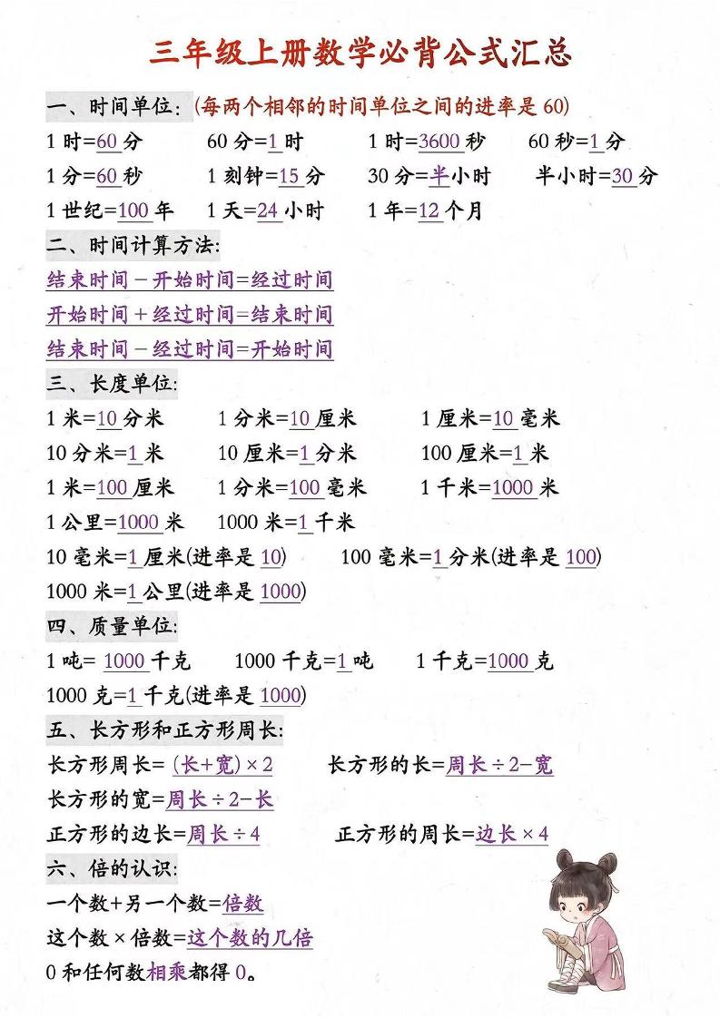 三年级上册数学必背知识汇总-来聚吧
