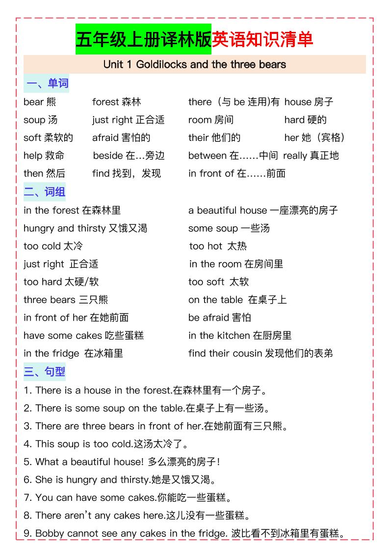 五上译林版英语知识清单21页-来聚吧