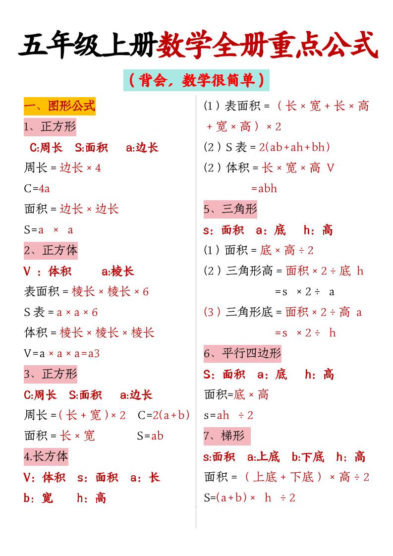 五上数学【全册重点公式】-来聚吧