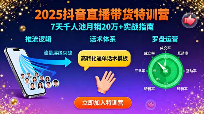 2025抖音直播带货特训:推流逻辑、话术体系、罗盘运营,7天千人池月销20万+-来聚吧