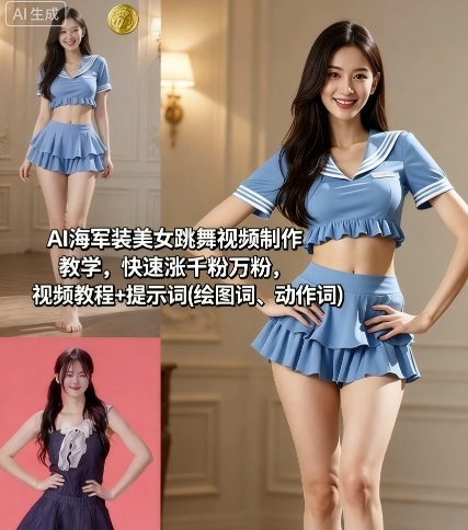 AI海军装美女跳舞视频制作教学，快速涨千粉万粉，视频教程+提示词(绘图词、动作词)-来聚吧