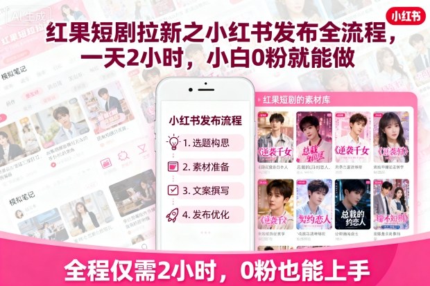红果短剧拉新之小红书发布全流程，一天2小时，小白0粉就能做-来聚吧