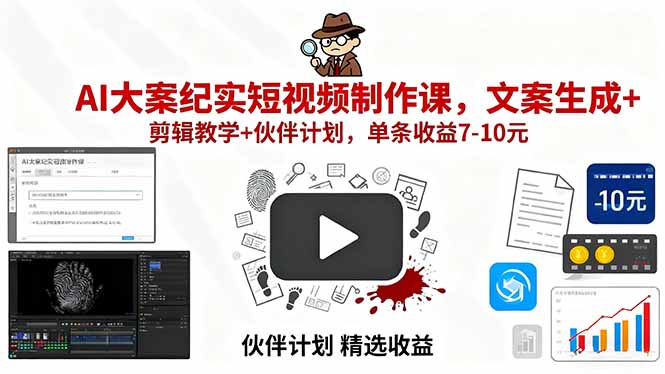 AI大案纪实短视频制作课，文案生成+剪辑教学+伙伴计划，单条收益7-10元-来聚吧