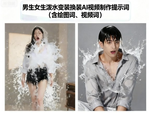 男生女生泼水变装换装AI视频制作提示词(含绘图词、视频词)-来聚吧