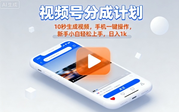 视频号分成计划懒人玩法，10秒生成视频，手机一键操作，新手小白轻松上手，日入1K【揭秘】-来聚吧