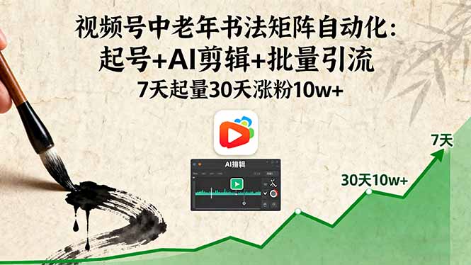 视频号中老年书法矩阵自动化：起号+AI剪辑+批量引流 7天起量30天涨粉10w+-来聚吧