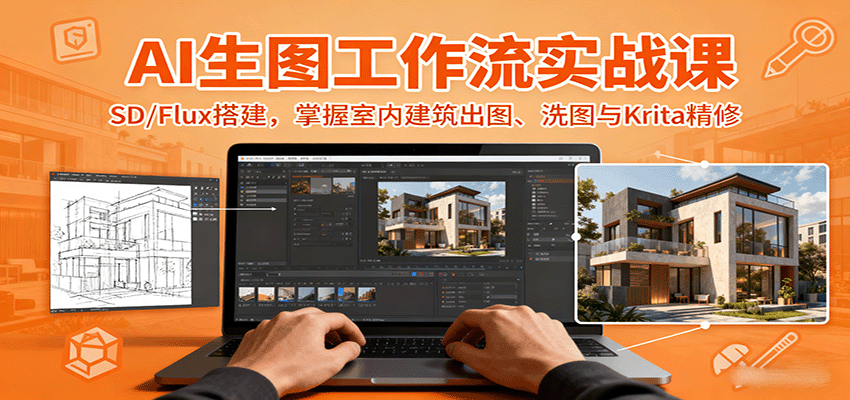 AI生图工作流实战课：SD/Flux搭建，掌握室内建筑出图、洗图与Krita精修-来聚吧