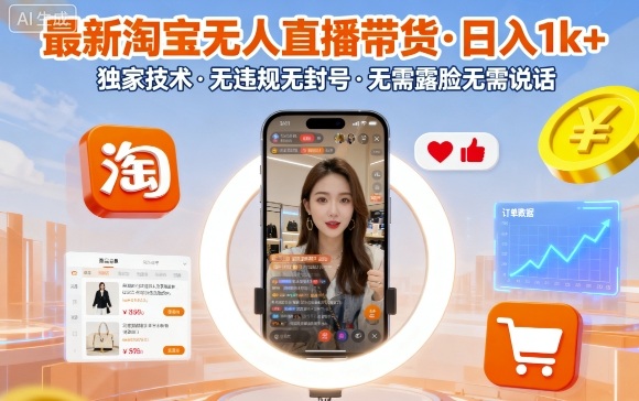 最新淘宝无人直播带货,日入1k+,独家技术,无违规无封号,无需露脸无需说话【揭秘】-来聚吧