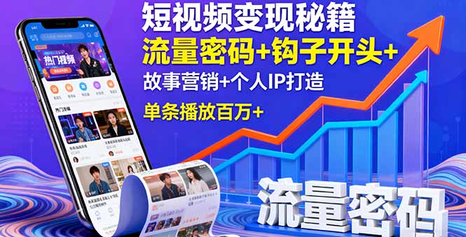 短视频变现秘籍,流量密码+钩子开头+故事营销+个人IP打造,单条播放百万+-来聚吧