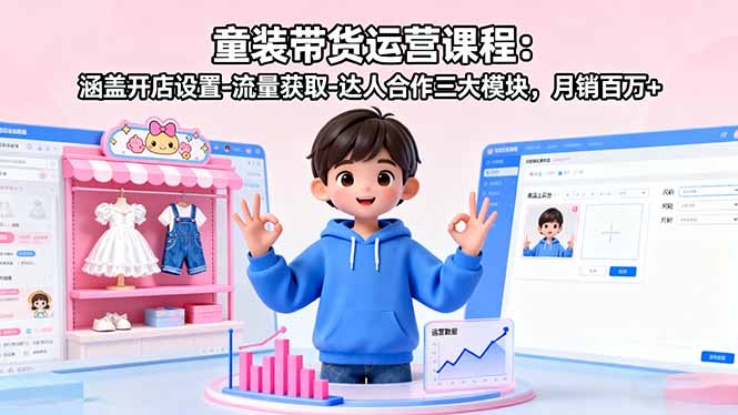 童装带货运营课程:涵盖开店设置-流量获取-达人合作三大模块,月销百万+-来聚吧