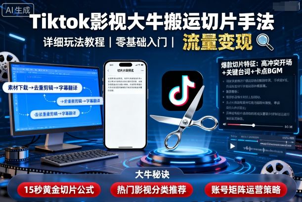 Tiktok影视大牛搬运切片手法，详细玩法教程-来聚吧