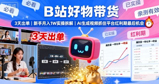 B站好物带货,3天出单,新手月入1W实操拆解,AI生成视频,抓住平台红利期最后机会-来聚吧