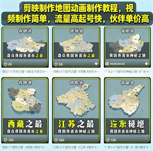剪映制作地图动画制作教程,视频制作简单,流量高起号快,伙伴单价高-来聚吧