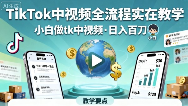 TikTok中视频全流程实操教学，小白做tk中视频，日入百刀-来聚吧