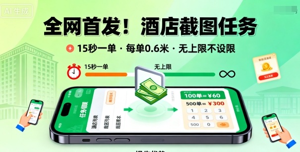 全网首发！酒店截图任务，15秒一单，每单0.6米，任务无上限不设限，矩阵操作单日3张到手【揭秘】-来聚吧