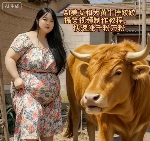 AI美女和大黄牛摔跤搞笑荒诞视频制作教程，快速涨千粉万粉-来聚吧