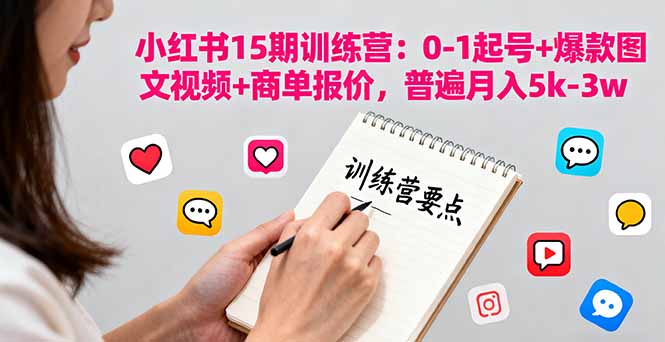 小红书15期训练营：0-1起号+爆款图文视频+商单报价，普遍月入5k-3w-来聚吧