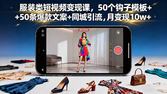 服装类短视频变现课，50个钩子模板+50条爆款文案+同城引流，月变现10w+-来聚吧