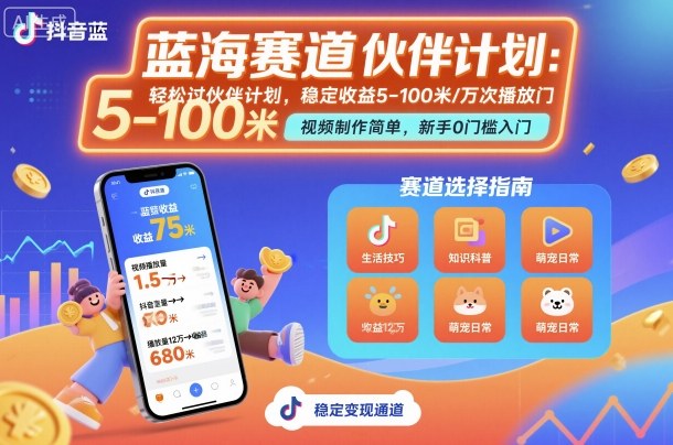 抖音蓝海赛道，轻松过伙伴计划，视频制作简单，万次播放收益在5-100米，稳定收益-来聚吧