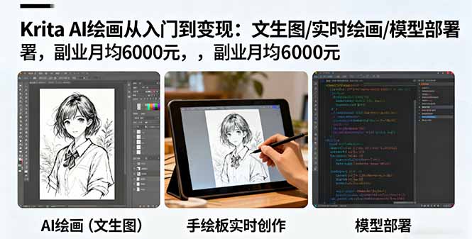Krita AI绘画从入门到变现：文生图/实时绘画/模型部署，副业月均6000元-来聚吧