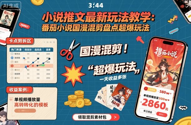 小说推文最新玩法教学，番茄小说国漫混剪盘点超爆玩法，全程干货，一天收益多张-来聚吧