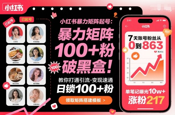 小红书暴力矩阵起号，教你打通引流-变现速通，日锁100+粉，破流量黑盒-来聚吧