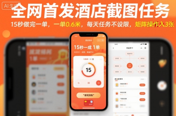 全网首发酒店截图任务，15秒做完一单，一单0.6米，每天任务不设限，矩阵操作日入3张【揭秘】-来聚吧