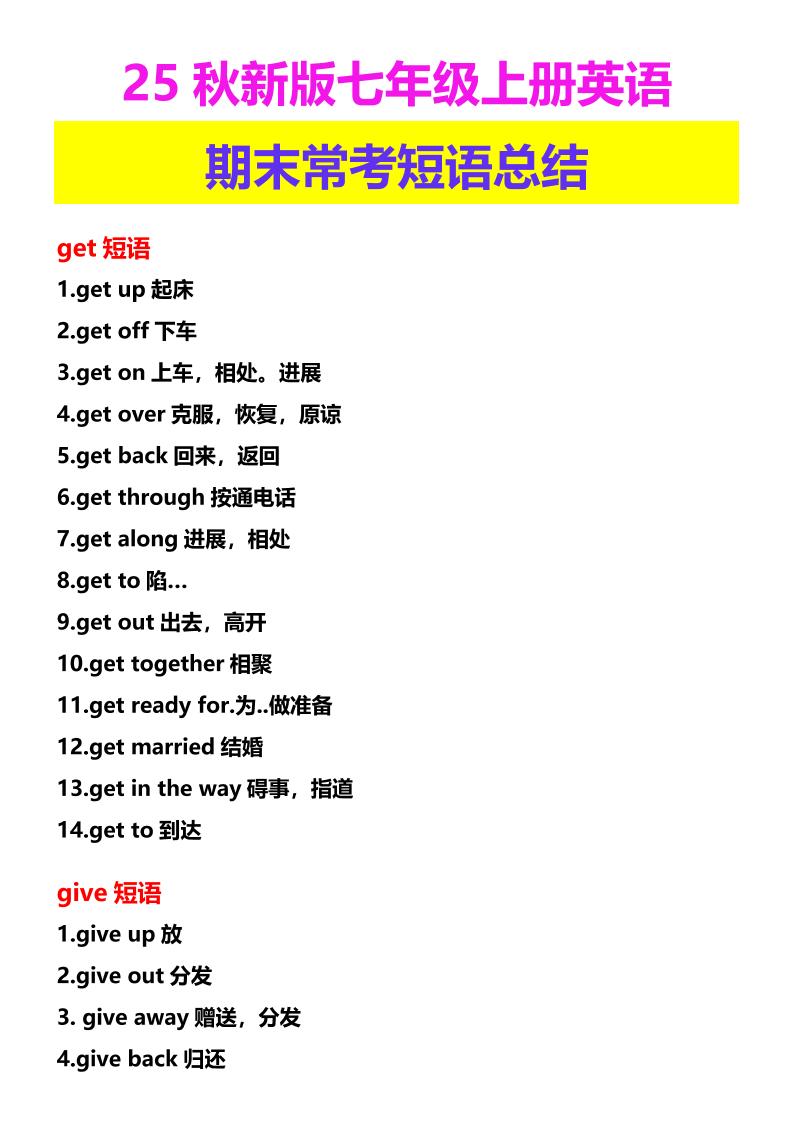 【2025秋新版】七年级上册英语期末常考短语总结-来聚吧