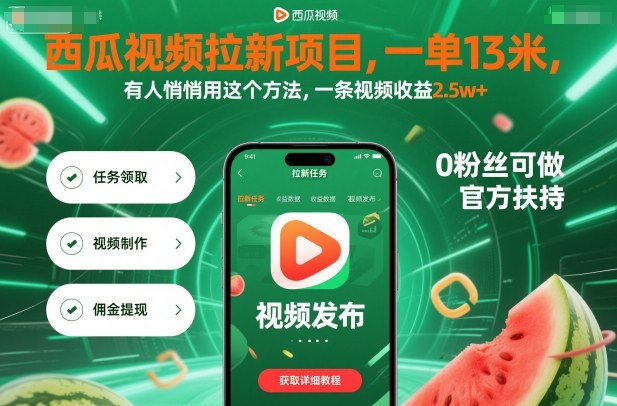 西瓜视频拉新项目,一单13米,有人悄悄用这个方法,一条视频收益2.5w+(附详细教程)-来聚吧