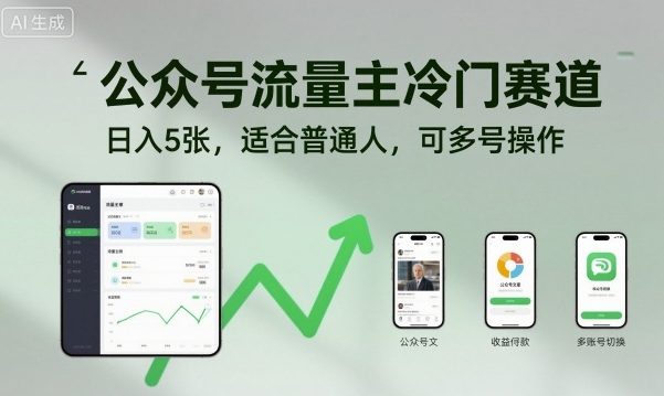 公众号流量主冷门赛道，日入5张，适合普通人，可多号操作-来聚吧