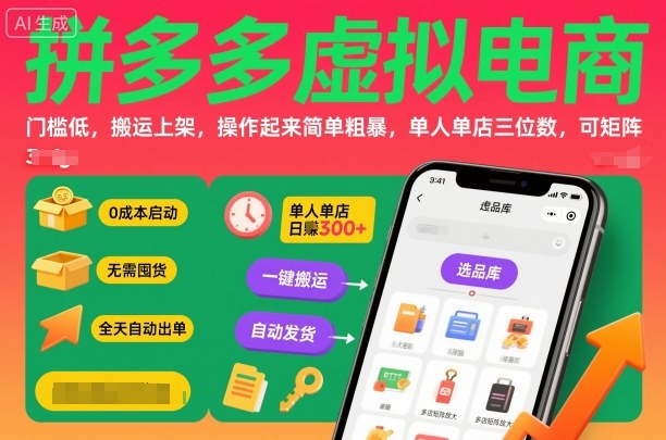 拼多多虚拟电商,门槛低,搬运上架,操作起来简单粗暴,单人单店三位数,可矩阵-来聚吧